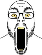 angry bloodshot_eyes glasses mustache open_mouth soyjak stretched_mouth stubble subvariant:flartrage thick_eyebrows variant:flartson yellow_sclera yellow_teeth // 410x529 // 5.7KB