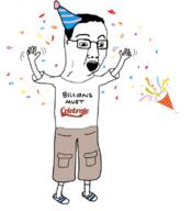 arm birthday celebration clothes confetti full_body get happy hat millions_must_die open_mouth party_hat shoe soyjak tripes tshirt variant:chudjak // 733x804 // 120.2KB