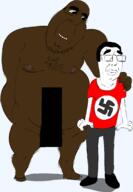 2soyjaks arm biting_lip black_skin brown_skin censored closed_mouth clothes fat hair hand hand_on_shoulder naked nigger stubble subvariant:hornyson swastika sweating tshirt variant:chudjak variant:cobson // 1419x2046 // 76.2KB
