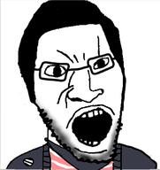 angry bandana glasses hair jacket open_mouth soyjak straight striped_clothing stubble variant:unknown // 578x613 // 80.0KB