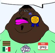 angry award black_skin closed_mouth clothes discord fat flag:mexico flag:scat_pride glasses goatee green_shirt greg_(user) hair hello_my_name_is_(sticker) meta:namefags mexico mustache my_little_pony obese scat speech_bubble speech_bubble_empty subvariant:morbidmutt sunglasses t50_eyes text variant:meximutt // 990x953 // 64.5KB