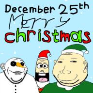 beard belt button carrot christmas clothes ear elf glasses green hat mustache open_mouth red santa_hat smile snow snowman stubble subvariant:gapealien subvariant:massjak teeth text tongue variant:gapejak variant:jacquejak white_skin // 1280x1280 // 520.7KB