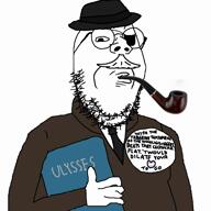 arm badge book clothes eyepatch finnegans_wake glasses hand hat heart holding_book holding_object james_joyce pipe round_glasses smoking smug song soyjak stubble suit suit_and_tie variant:gapejak video // 1315x1315, 966s // 12.3MB
