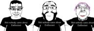 artist:sectionalism bald beard chud_troon_alliance clothes enthusiast friendship glasses hair hugging i_love purple_hair shitnobodycaresabout smile stubble subvariant:chudjak_front subvariant:science_lover text tranny variant:bernd variant:chudjak variant:markiplier_soyjak wholesome // 2312x772 // 115.9KB
