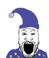 background beard clothes crescent hat no_glasses nose open_mouth pajamas sleepy soyjak star star_and_crescent stubble variant:markiplier_soyjak white_background wrinkles // 856x1000 // 120.4KB