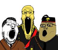 3soyjaks adolf_hitler asian axis benito_mussolini brown_skin clothes germany glasses hair hat italy japan military mustache necktie open_mouth soyjak soyjak_trio stubble tojo_hideki toothbrush_moustache uniform variant:gapejak variant:markiplier_soyjak variant:tony_soprano_soyjak yellow_skin // 968x832 // 215.6KB