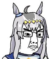 accessory animal_ears anime anime_female big_lips big_nose closed_mouth collar ear glasses gray_hair hair horse_girl long_hair star_(symbol) swastika uma_musume umamusume umamusume_cinderella_gray uniform variant:chudjakc // 1120x1300 // 63.0KB