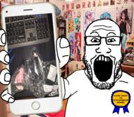 anime arm award background clothes consoomer figurine glasses hand holding_object holding_phone iphone keyboard open_mouth phone soyjak stubble subvariant:phoneplier subvariant:phoneplier_vertical variant:markiplier_soyjak // 2160x1884 // 15.6MB