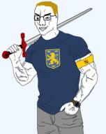 armband azov_battalion blue_shirt buff closed_mouth clothes glasses green_eyes hair holding_object holding_sword nazism schutzstaffel smile smug sonnenrad soyjak sword tshirt ukraine variant:chudjak vein watch weapon yellow_hair // 1514x1910 // 205.6KB