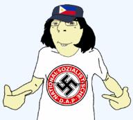 asian clothes eyes female glasses gook hair hapa hat nazism philippines pinoy pointing protokleki soyjak subvariant:female_cobson swastika teeth teeth_showing variant:cobson // 857x774 // 55.9KB