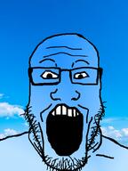 bald beard blue blue_skin calm gape glasses gradient open_mouth sea sky soyjak stubble variant:markiplier_soyjak // 600x800 // 125.5KB