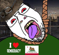 barbed_wire bloodshot_eyes california clothes crying democracy fallout fallout_new_vegas fence flag glasses goggles hanging hat i_love mucus new_california_republic open_mouth red_eyes rope soyjak stubble suicide tongue variant:bernd video_game // 768x719 // 436.0KB