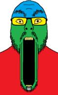 angry bloodshot_eyes colorful glasses mustache open_mouth soyjak stretched_mouth stubble subvariant:flartrage variant:flartson // 410x665 // 11.7KB