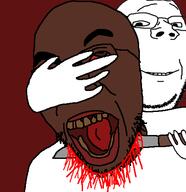 2soyjaks blood bloodshot_eyes brown_eyes closed_mouth decapitation glasses gore hand holding_knife holding_object knife murder open_mouth smile soyjak stubble subvariant:wholesome_soyjak variant:gapejak variant:thiefjak weapon // 444x458 // 29.8KB