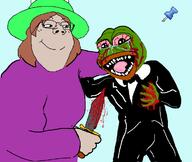 animal_abuse blood bloodshot_eyes brown_hair buff closed_mouth clothes crying female frog froge glasses green_skin hat holding_knife holding_object knife murder open_mouth push_pin smile soyjak stab sticky subvariant:gapejak_female tuxedo variant:gapejak white_skin // 744x629 // 63.4KB