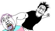clothes flag full_body glasses grin hair mustache open_mouth punch purple_hair smile soyjak stubble tongue tranny variant:bernd variant:markiplier_soyjak yellow_teeth // 1280x720 // 183.8KB