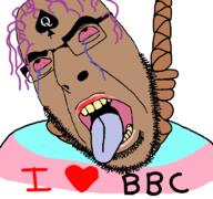 bbc bloodshot_eyes brown_skin crying flag glasses hair hanging i_love lipstick open_mouth purple_hair queen_of_spades rope soyjak stubble suicide tattoo text tongue tranny variant:cobson yellow_teeth // 768x719 // 54.8KB