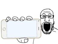 glasses hair hand holding_object holding_phone iphone open_mouth phone soyjak stubble subvariant:phoneplier subvariant:phoneplier_horizontal template variant:markiplier_soyjak // 2602x1980 // 554.7KB
