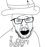 clothes crying glasses hat mustache open_mouth pencil soyjak stubble text variant:feraljak // 562x558 // 93.3KB