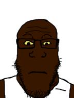 black_skin closed_mouth clothes glasses neutral sleeveless_shirt soyjak stubble subvariant:neutralplier variant:markiplier_soyjak yellow_sclera // 600x800 // 7.4KB