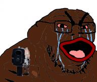 angry black_skin bloodshot_eyes crying firearm glasses gun hand holding_gun holding_object holding_pistol open_mouth pistol red_lips soyjak stubble threatening variant:et weapon // 300x255 // 58.3KB