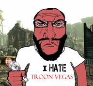 arm beard bloodshot_eyes closed_mouth clothes crying dead fallout fallout_new_vegas fist frown glasses hand holding_object i_hate mustache open_mouth punisher_face purple_hair rope subvariant:science_lover suicide text tshirt variant:bernd variant:markiplier_soyjak video_game yellow_teeth // 1017x935 // 817.4KB