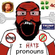 4chan angry asmongold balding beard clothes comic_sans donald_trump glasses head_steam i_hate looking_at_you maga no_sign open_mouth pronouns red_skin soyjak subvariant:science_lover sweet_baby_inc tshirt variant:markiplier_soyjak white_background white_shirt // 680x679 // 132.5KB