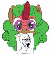 (you) antimatter bloodshot_eyes brimstone coal crying dust glasses green_hair holding_object kirin my_little_pony open_mouth pony purple_eyes redraw soyjak stubble vantablack variant:soyak // 1000x1075 // 141.9KB