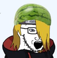akatsuki akatsuki_uniform anime artist:hellcat blue_eyes cloak clothes deidara_(naruto) food foodjak forehead_protector fruit glasses hair headband iwagakure_symbol melon naruto_(series) open_mouth soyjak stubble variant:soyak watermelon yellow_hair // 894x912 // 314.4KB