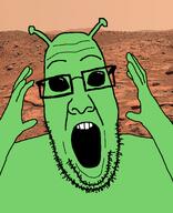 alien antenna black_sclera glasses green_skin hand hands_up mars shocked stubble variant:ppp // 1000x1233 // 800.6KB