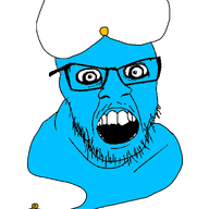 angry blue clothes genie glasses hat lamp mustache open_mouth soyjak stubble turban variant:feraljak // 1350x1750 // 158.6KB