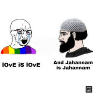 bloodshot_eyes crying flag gay glasses hell islam lgbt nordic_chad open_mouth soyjak stubble text variant:soyak // 1332x1322 // 120.1KB