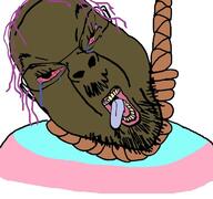 ack brown_skin brown_troonjak distorted flag flag:transgender_pride_flag glasses open_mouth purple_hair rope soyjak stubble tranny variant:bernd // 768x719 // 65.2KB