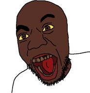 black_skin brown_eyes glasses open_mouth soyjak stubble variant:thiefjak // 444x458 // 10.9KB