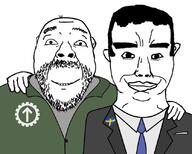 2soyjaks alternative_for_sweden badge chud_troon_alliance closed_mouth clothes country ear flag friendship hair hand happy heart mustache necktie nordic_resistance_movement smile soyjak stubble subvariant:chudjak_front suit sweden variant:bernd variant:chudjak // 834x669 // 72.4KB