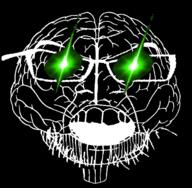 black_background brain glasses glowing glowing_eyes inverted open_mouth soyjak stubble thougher variant:feraljak // 512x502 // 103.9KB