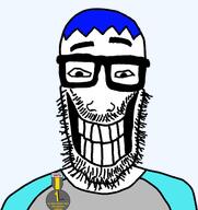 award big_glasses big_smile blue_hair deranged eyebrows forehead_lines glasses nose soy2 stubble teeth thick_rims tuey variant:bonesjak // 510x540 // 56.0KB