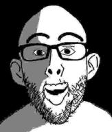black_background compressed ear glasses jpeg ominous open_mouth shadow smile soyjak stubble variant:nojak // 443x523 // 5.1KB