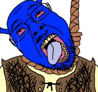 ack bloodshot_eyes blue blue_skin crying dreamworks drek ear glasses hanging looking_up mustache noose ogre ogre_ears open_mouth rope shrek tongue tongue_out variant:bernd vest white_background yellow_shirt yellow_teeth // 768x719 // 36.0KB