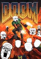 bloodshot_eyes clothes crying demon doom doom_guy glasses gun id_software military monster multiple_soyjaks no_face open_mouth red_eyes soyjak space stubble text variant:markiplier_soyjak variant:soyak video_game // 472x672 // 531.2KB