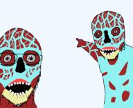 2soyjaks alien bald blue_skin creepy exposed_muscle glasses grey_eyes horror looking_at_you monster movie no_nose open_mouth pointing soyjak stubble they_live transparent_background variant:two_pointing_soyjaks // 680x552 // 43.0KB