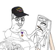 artist:sectionalism boomer buff bwc clothes glasses grey_hair hat medal paintbrush painting penis purple_heart self_insert self_portrait subvariant:chudjak_front variant:chudjak veteran vietnam wheelchair // 2004x1796 // 749.1KB
