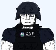 Nothing_is_beyond_our_reach blue_eyes blue_helmet blue_shirt buff buff_chudjak glasses helmet military military_uniform sdf soy_defence_force subvariant:chudjak_front uniform variant:chudjak vest // 1080x972 // 70.0KB