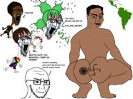 4chan 5soyjaks anime arm ass black black_skin bloodshot_eyes broly_culo brown_hair brown_skin closed_mouth clothes confetti crying flag flag:pan-african flag:progress_pride_flag full_body gay glasses green_hair hair hand irritated latino leg lgbt map nazism open_mouth racism smile sonnenrad south_america soyjak stubble subvariant:soyak_(irritated) swastika tattoo text tranny tshirt variant:chudjak variant:soyak yotsoyba // 1600x1200 // 532.3KB