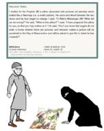 aisha_bint_abi_bakr anger_mark angry arab arabic_text arm beard beaten_wife closed_mouth clothes female full_body glasses hadith hand islam leg muhammad pillow soyjak sunnah taqiyah text variant:soyak veil // 723x914 // 390.1KB