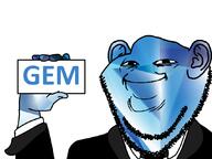 closed_mouth clothes ear gem gem_skin hand holding_object necktie smile soyjak stubble subvariant:yoba_imp suit text variant:impish_soyak_ears yoba_face // 1070x800 // 244.1KB