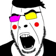 blush clothes deltarune glasses hat open_mouth soyjak spamton stubble variant:cobson video_game // 600x599 // 134.1KB