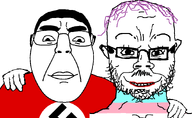 chud_troon_alliance flag:nazi_germany flag:transgender_pride_flag glasses hair happy lipstick opposite purple_hair series:trios_&_duos smile stubble subvariant:bernchud subvariant:chudjak_front tranny variant:bernd variant:chudjak white_skin // 906x559 // 42.0KB