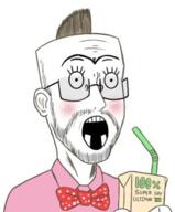 blush bowtie brown_hair clothes drinking_straw ear eyelashes glasses holding_object meta:nas missing_teeth mohawk open_mouth soy soyjak stubble unibrow variant:unknown // 290x350 // 97.6KB
