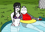 artist:john8_44 bikini blue_eyes blush can confederate_flag flag:confederate_states_of_america flower grass holding_object plant pool smile sproke subvariant:mexiaryan swimsuit variant:chudjak variant:meximutt variant:soytan water wholesome // 600x435 // 37.6KB